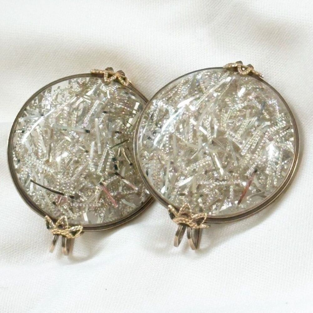 Hillcraft Silver Confetti Lucite Earrings Slide On Backs GF wire Retro Glam